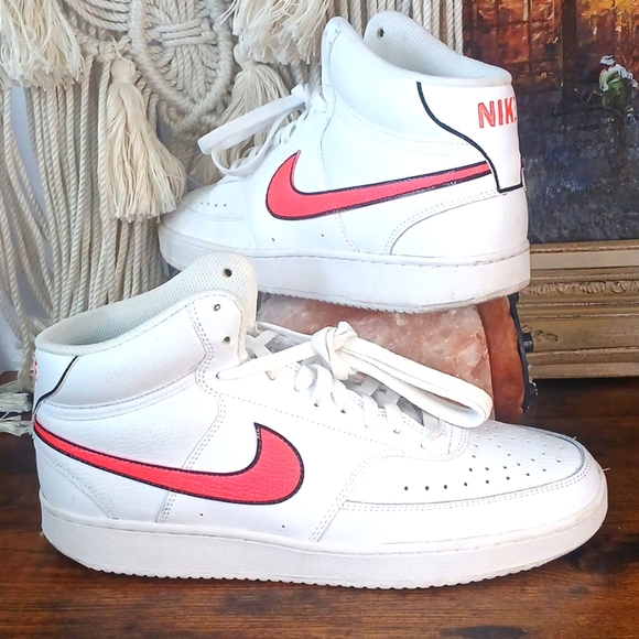 UniNike Court Vision High top White Sneakers with Red Swoosh 11.5 Wmz- Mens 10 - Picture 1 of 9